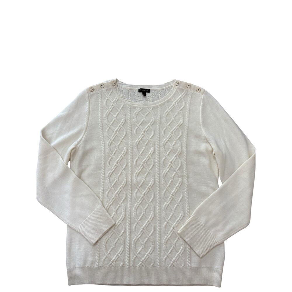 Talbots Cream Cable Knit Pullerover Sweater Sz L Lambswool Blend Preppy Button